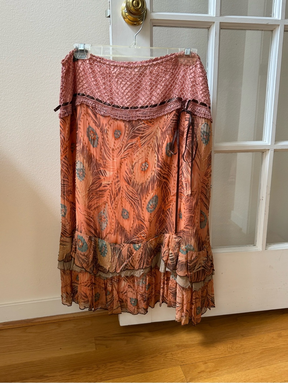 Hale Bob Crochet Peacock Feather Tiered Maxi Skirt Size Large Boho Y2K Pink